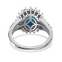 back view of turquoise neon apatite and zircon halo ring in rhodium over sterling silver