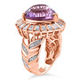side view of rose de france amethyst and moissanite heart halo ring in 18k rose gold over sterling silver