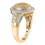 side view of natural yellow and white diamond oval cluster halo ring in solid 10k yellow gold