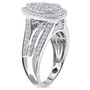 side view of lab diamond pear cluster halo bridge ring in rhodium over sterling silver