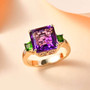 amethyst chrome diopside and diamond ring in 10k yellow gold shown in a lifestyle photo
