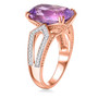 side view of amethyst and white zircon solitaire ring in 18k rose gold over sterling silver
