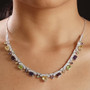 multi gemstone statement necklace in rhodium over sterling silver worn around the neck