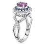 side view of purple sapphire blue and white diamond double halo solid 14k white gold ring