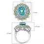 blue and green quartz triplet peridot apatite and zircon halo ring in rhodium over sterling silver shown for size comparison