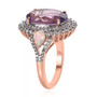 side view of amethyst opal and white zircon halo ring in 18k rose gold over sterling silver