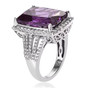 side view of lab color change sapphire and zircon halo ring in rhodium over sterling silver