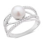 front view of white freshwater pearl and cz crossover band ring in rhodium over sterling silver