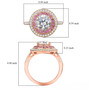 moissanite and pink sapphire halo ring in 18k rose gold over sterling silver shown for size comparison