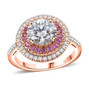 moissanite and pink sapphire halo ring in 18k rose gold over sterling silver