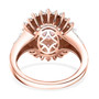 full view of pink spinel and moissanite double halo ring in 18k rose gold over sterling silver