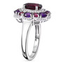 side view of rhodolite garnet amethyst and zircon ring in rhodium over sterling silver