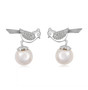 front view of freshwater pearl and moissanite bird earrings in rhodium over sterling silver