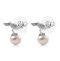 side view of freshwater pearl and moissanite bird earrings in rhodium over sterling silver