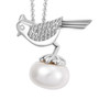 freshwater pearl and moissanite bird pendant necklace in rhodium over sterling silver