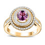 pink sapphire and diamond double halo ring in solid 14k yellow gold