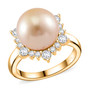 golden south sea pearl and moissanite halo ring in 18k yellow gold over sterling silver