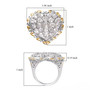 white zircon heart cluster ring in 18k yellow gold and rhodium over sterling silver shown for size comparison