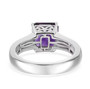 back view of asscher cut amethyst solitaire ring in rhodium over sterling silver
