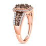 side view of champagne and white diamond cluster halo ring in 18k rose gold over sterling silver