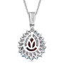 back view of garnet blue apatite and zircon halo pendant necklace in rhodium over sterling silver