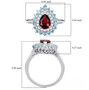 garnet blue apatite and zircon halo ring in rhodium over sterling silver shown for size comparison