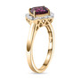 side view of rhodolite garnet and diamond halo ring in 10k yellow gold