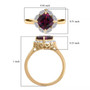 rhodolite garnet and diamond halo ring in 10k yellow gold shown for size comparison