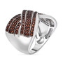 side view of garnet cluster crossover ring in rhodium over sterling silver