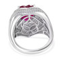 back view of heart ruby (ff) and white zircon halo ring in rhodium over sterling silver