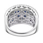back view of blue sapphire and white zircon cluster band ring in rhodium over sterling silver