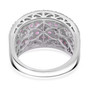 back view of pink sapphire and white zircon cluster band ring in rhodium over sterling silver