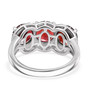 back view of round garnet and white zircon trilogy ring in rhodium over sterling silver