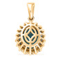 back view of blue apatite and blue and white diamond halo pendant necklace in 10k yellow gold