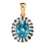 front view of blue apatite and blue and white diamond halo pendant necklace in 10k yellow gold