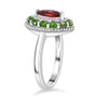side view of garnet and chrome diopside halo ring in rhodium over sterling silver