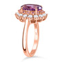 side view of amethyst pink sapphire and moissanite halo ring in 18k rose gold over sterling silver