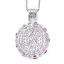 back view of moissanite and pink sapphire pendant necklace in rhodium over sterling silver