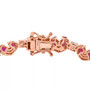 clasp detail of ruby and white zircon heart bracelet in 18k rose gold over sterling silver