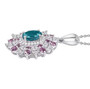 side view of blue apatite moissanite and pink sapphire pendant necklace in rhodium over sterling silver