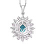 back view of blue apatite moissanite and pink sapphire pendant necklace in rhodium over sterling silver
