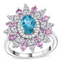 blue apatite moissanite and pink sapphire ring in rhodium over sterling silver