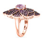 side view of kunzite and pink sapphire elongated cocktail ring in 18k rose gold over sterling silver