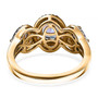 back view of unheated tanzanite brown and white zircon trilogy halo ring in 18k yellow gold over sterling silver