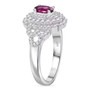 side view of rhodolite garnet and moissanite ring in rhodium over sterling silver