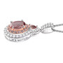 side view of pink apatite pink sapphire and white zircon halo pendant necklace in rhodium over sterling silver