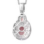 back view of pink apatite pink sapphire and white zircon halo pendant necklace in rhodium over sterling silver
