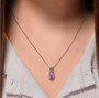 kunzite and pink sapphire halo pendant necklace in 18k yellow gold and rhodium over sterling silver worn around the neck