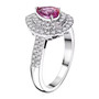 side view of padparadscha sapphire and diamond halo ring in 950 platinum