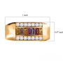 gents sapphire and moissanite ring in 18k yellow gold over sterling silver shown for size comparison